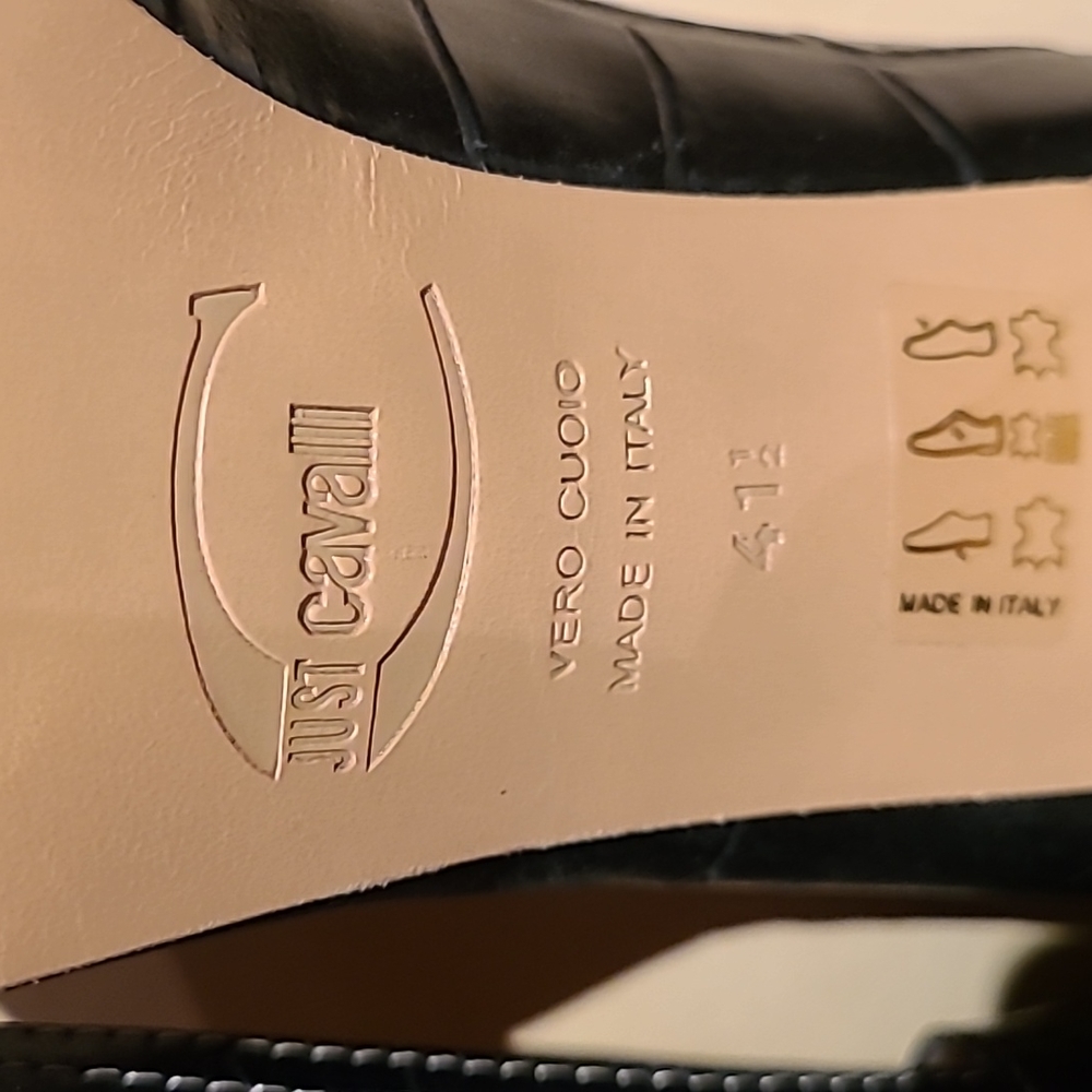 Just Cavalli sandals size 41.5 black printed leather metal logo accessories - Picture 9 of 13